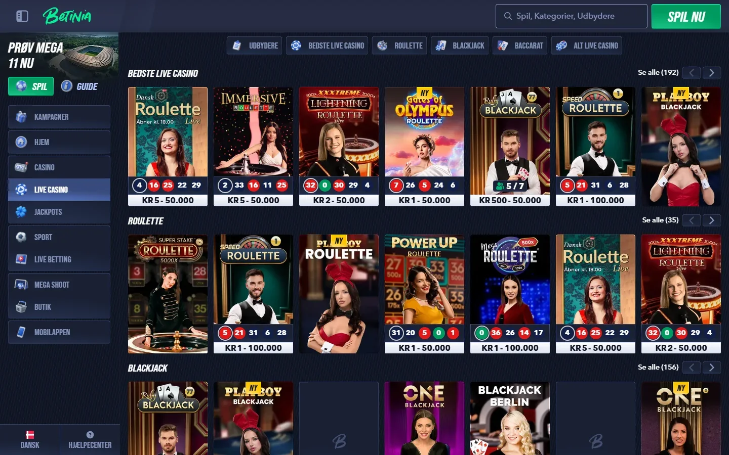 Live casino hos Betinia med borde og dealere