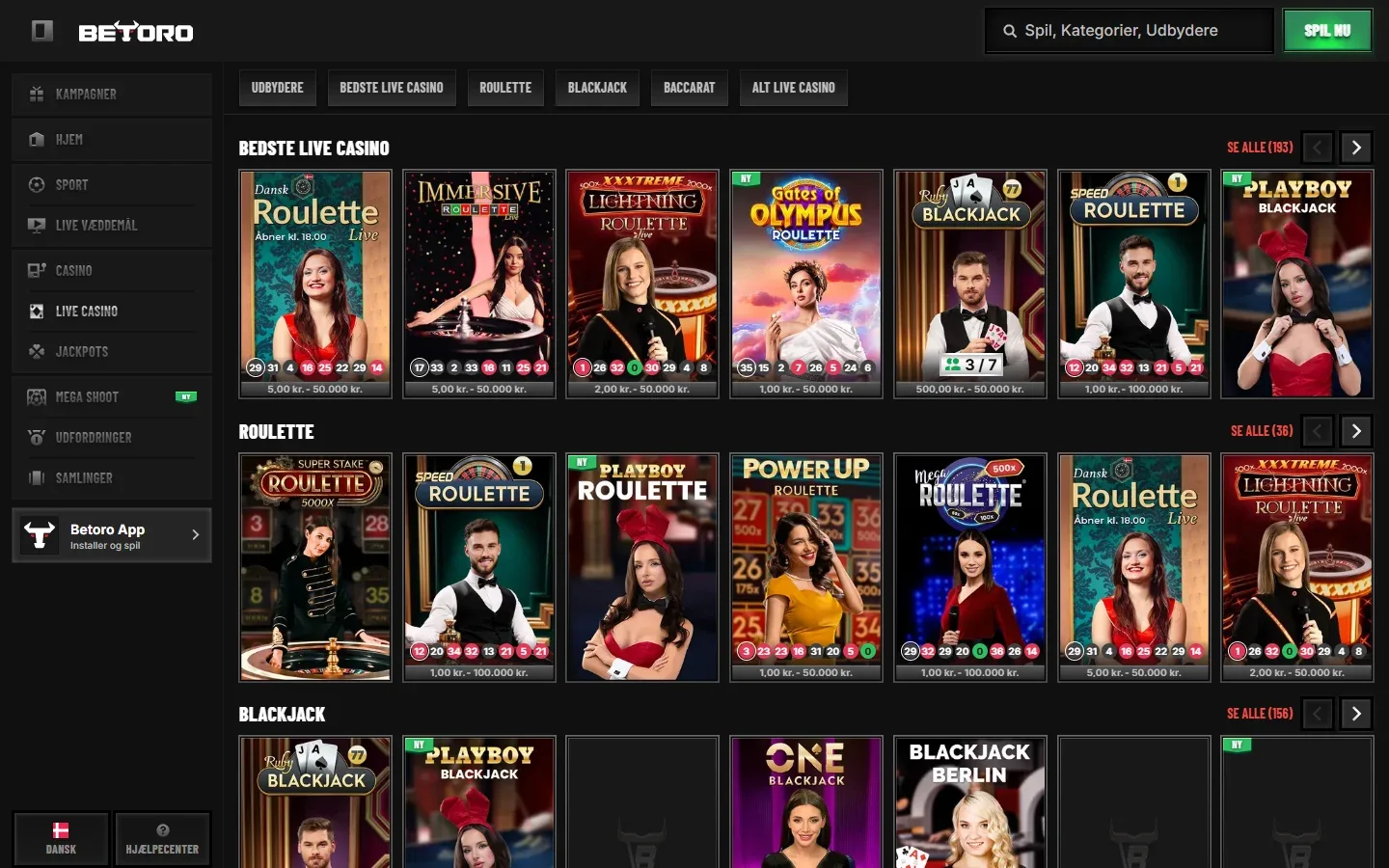Live casino hos Betoro med borde og dealere