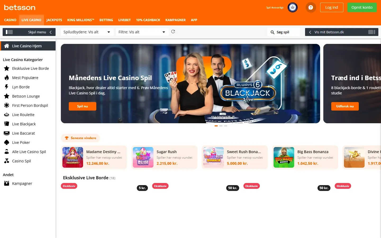 Live casino hos Betsson med borde fra Evolution