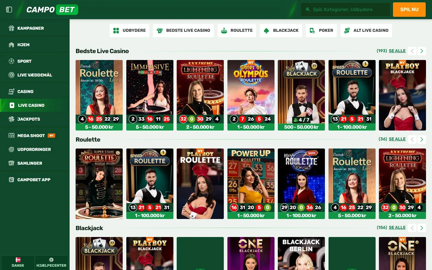 Live casino hos Campobet med borde og dealere