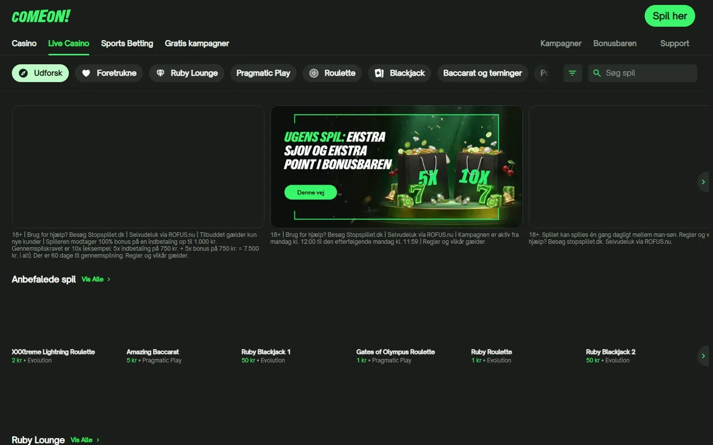 Live casino hos ComeOn med roulette- og blackjackborde