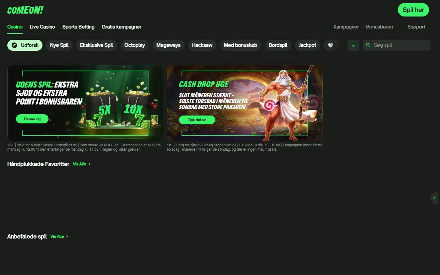 ComeOns casinolobby med kampagnebannere og spilkategorier