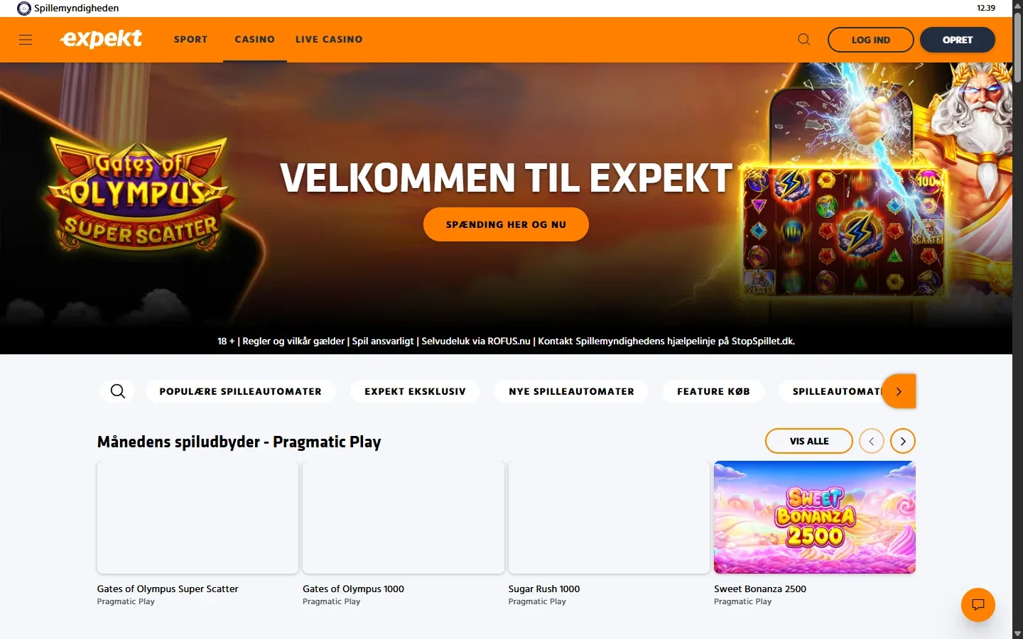 Expekts forside med odds og velkomstbonus