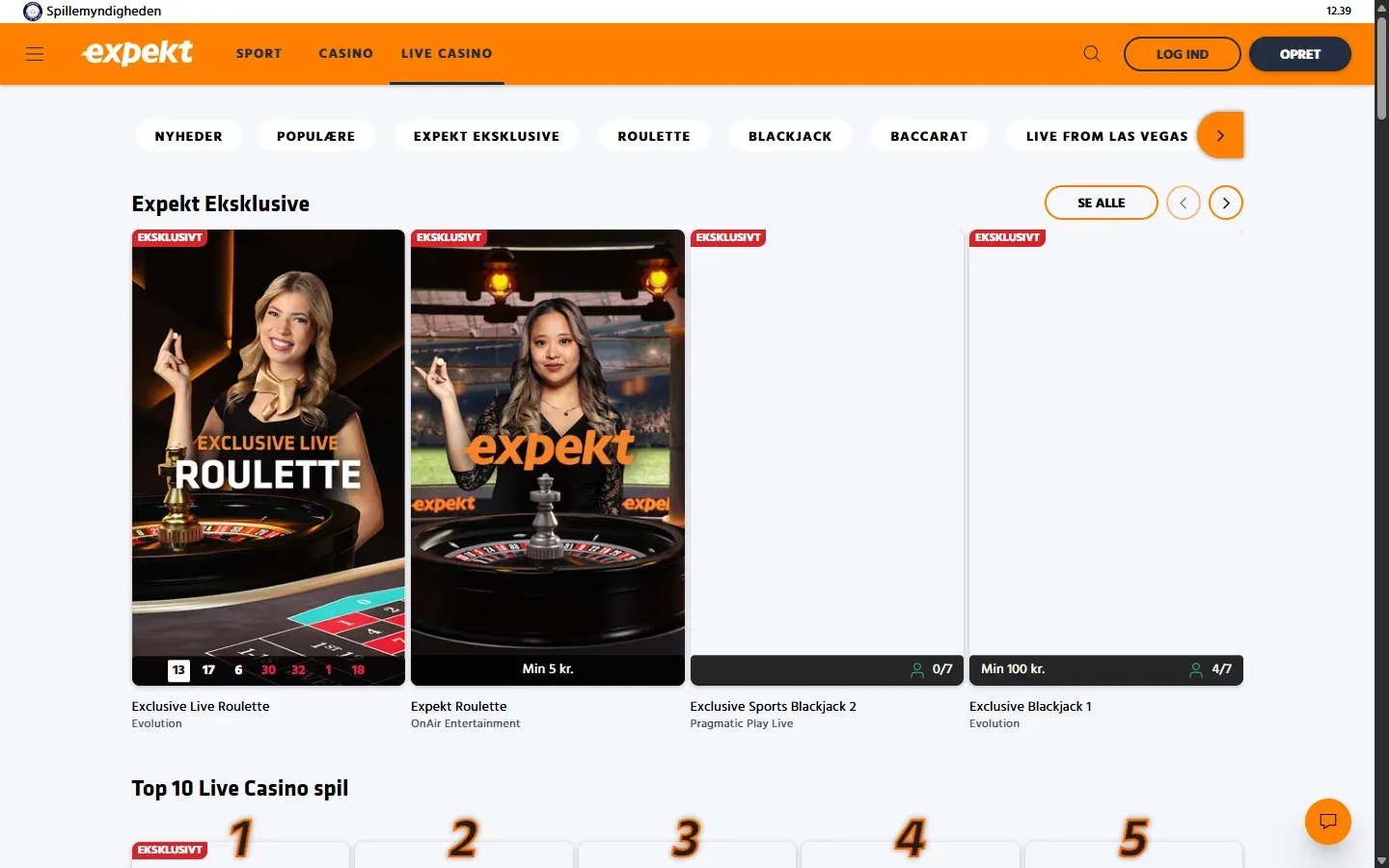 Live casino hos Expekt med borde og dealere