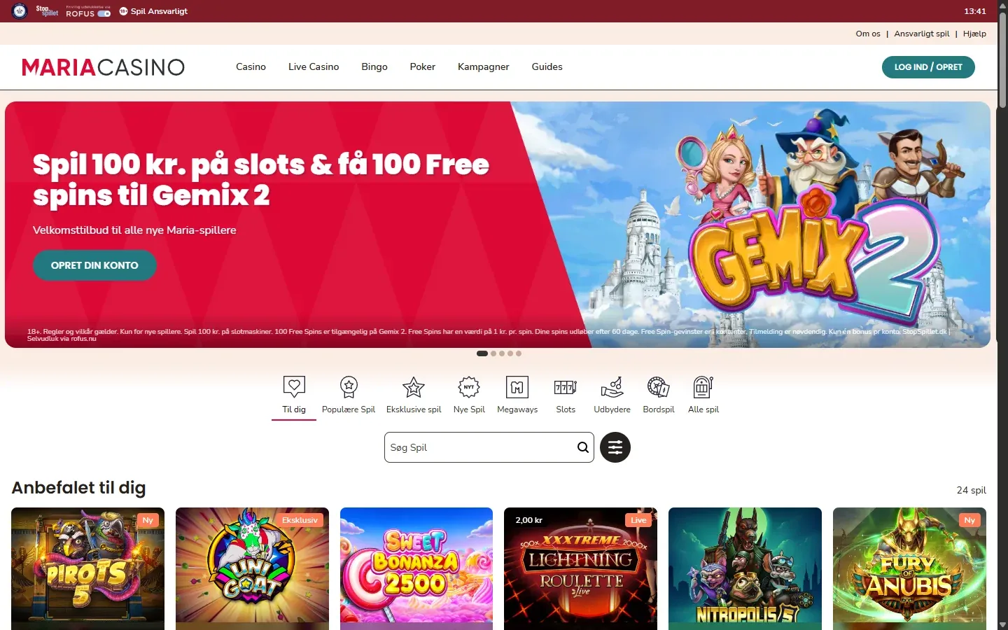 Maria Casinos forside med velkomsttilbuddet til Gemix 2