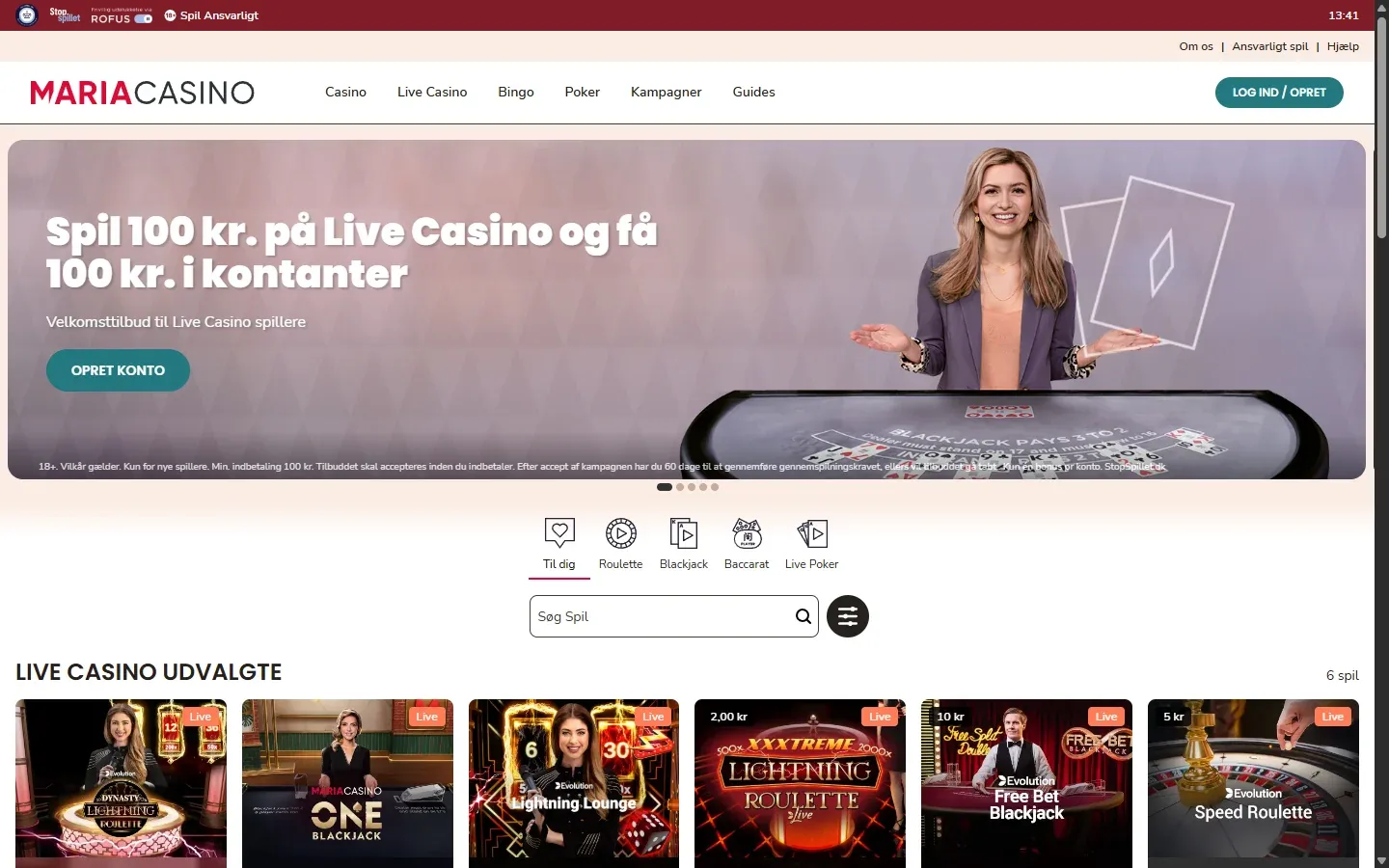 Live casino hos Maria Casino med roulette- og blackjackborde