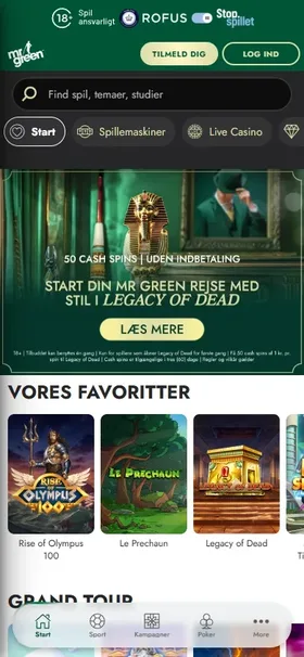 Mr Greens mobilforside, som den ser ud på en dansk telefon