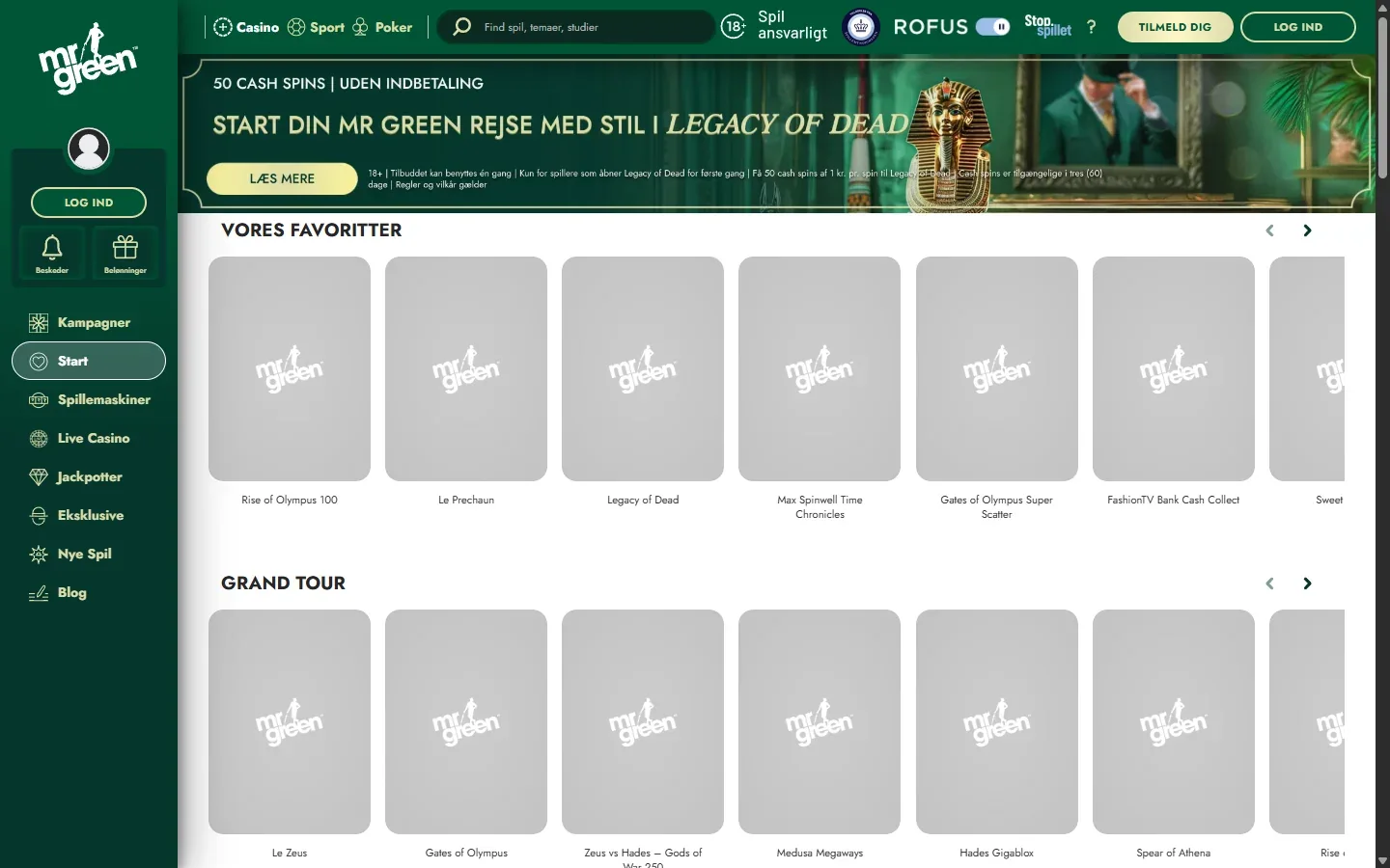 Mr Greens forside med velkomsttilbud og spiloversigt