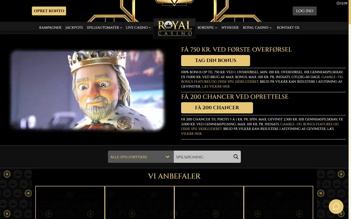 Royal Casinos forside med velkomstbonus og jackpotbeløb