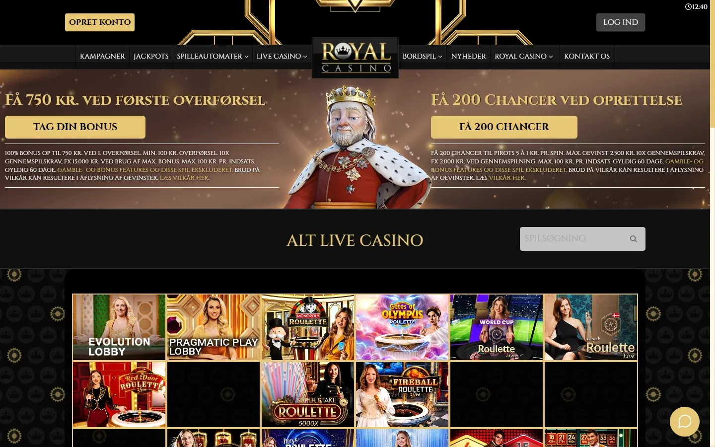 Live casino hos Royal Casino med roulette- og blackjackborde