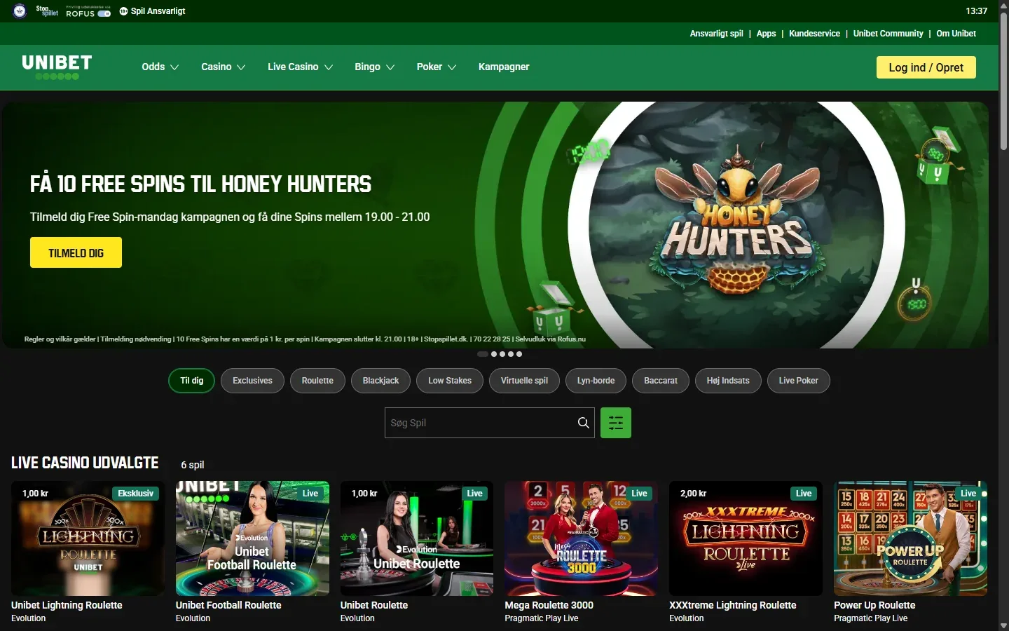 Live casino hos Unibet med borde og dealere